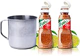 tajin mexico chile 2 Botes de 142 Gr Cada Uno. TAJÍN CLÁSICO CON LIMÓN 2 BOTES DE 142 G. Incluye Vaso Inoxidable y Recetario con 6 Recetas para Hacer con Tajín.