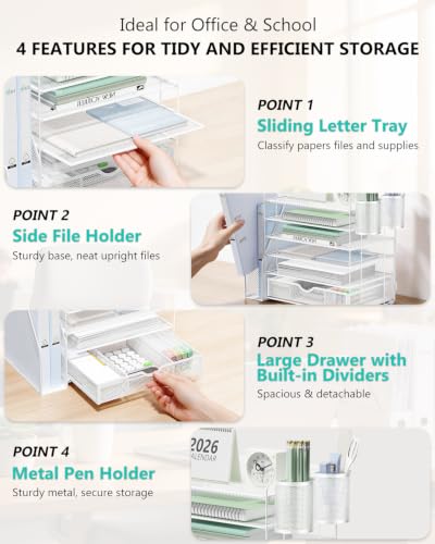 Image of WALI Desk File Organizer, 6 Tier Desktop Paper Letter Tray Organizer with Drawer and 2 Pen Holders, Office Desk Accessories & Workspace Organizers for Office, Home Supplies(DO007DH-W), 1 Pack, White