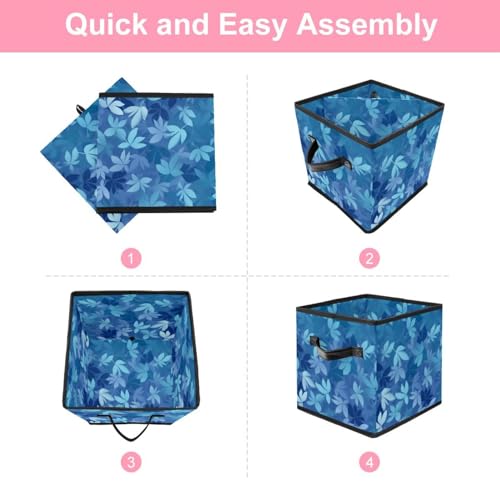 Grand cube de rangement pliable motif feuilles bleues maison