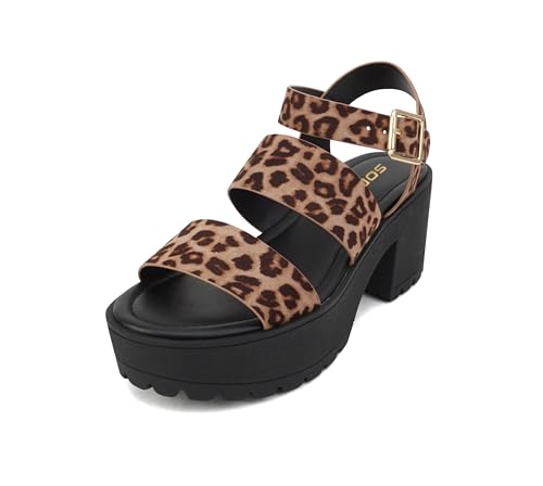 Image of Soda ACCOUNT ~ Women Open Toe Two Bands Lug sole Fashion Block Heel Sandals with Adjustable Ankle Strap