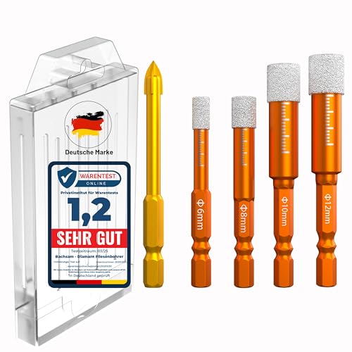 Fliesenbohrer Diamantbohrer Set 6mm, 8mm,10mm und 12mm Glasbohrer Keramikbohrer Porzellanbohrer Feinsteinzeugbohrer Granitbohrer – Bohrkrone Set Fliesen Diamant mit Sechskantschaft.
