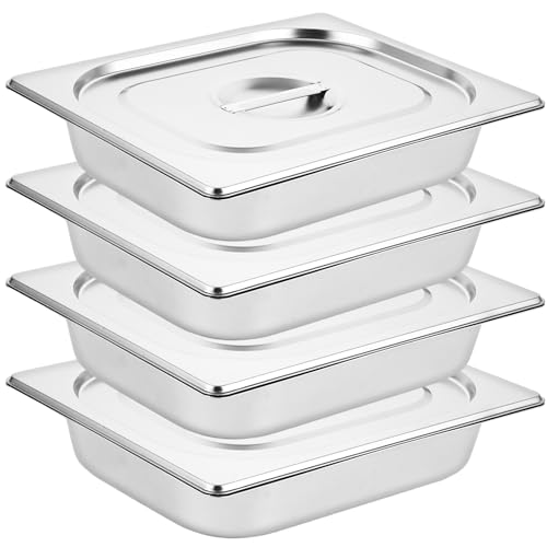 WOPPLXY Lot de 4 Plat Inox avec Couvercle, GN 1/2 Bac Inox avec Couvercle, 32,5 x 26,5 x 6,5 cm Bac Alimentaire Inox pour des Fours à Convection, des Chafing Dishes,...