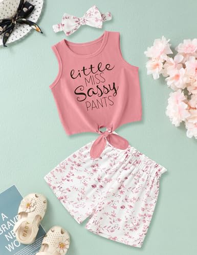 Image of Hipea Toddler Girl Outfits Floral Tops Sleeveless Tank Tops Shorts Headband Summer Clothes Set