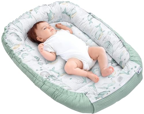 Medi Partners Babynest Nestchen für Neugeborene - 100x60x15 Babynestchen Baby zweiseitg Nest Bett 100{16fea4f7bfef6f4afed64a922cdeb817d4a75f2f63017625d18dd357fdd417c8} Baumwolle Waffel Kuschelnest tragbar (‎Ozean mit Minzer Waffel)