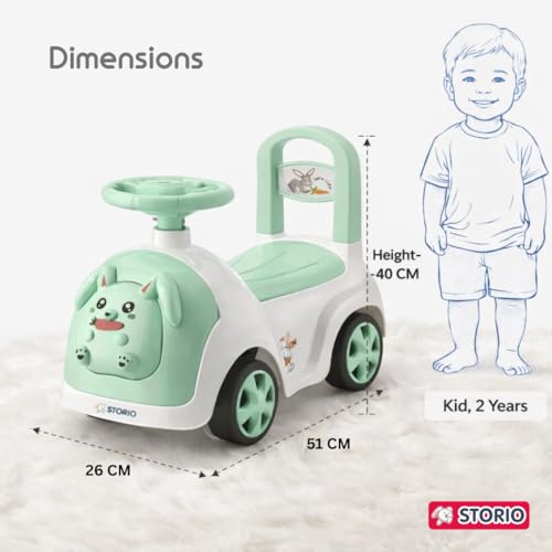 Image of Storio Rabbit Baby Ride-On Car Toy | Non-Battery Push Car for Kids with Backrest & Steering Wheel | Baby Ride On Toy for Boys & Girls 1-3 Years | Green