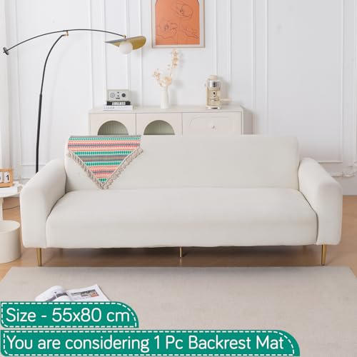 Image of HOKIPO 'Artisan Boho Series' Sofa Backrest Cover with Tassel | 450 GSM Thick Cotton Acrylic Jacquard Fabric Backrest Mat, Size 55x80 cm, Mint Green (IN-900-A7)