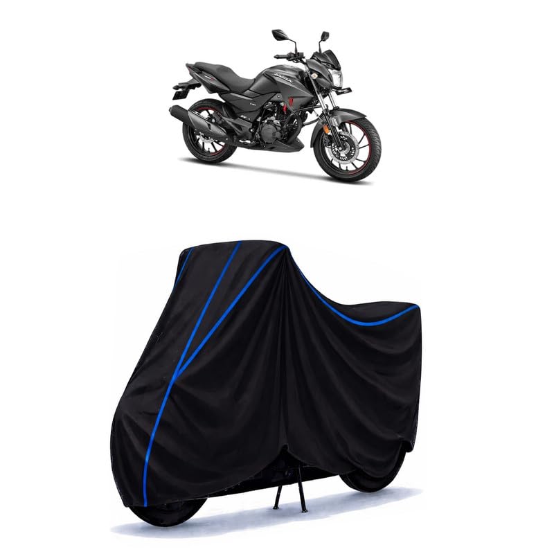 Image of Hero Hunk 190 Bike Cover Water Resistant Universal Motorcycle Rain | Heavy Duty UV Protection, Dust, Scratch Indoor Outdoor All Weather with Black Blue Piping Elastic