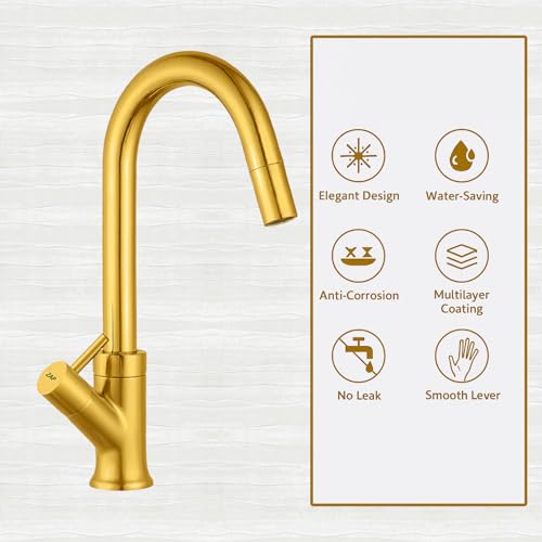 Image of ZAP Gold Elixir Series Swan Neck Kitchen Sink Tap | 360 Swivel Spout | Premium Brass Pillar Tap for Sink & Wash Basin