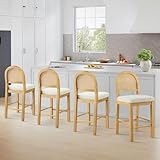 Rattan Counter Height Bar Stools Set of 4, Upholstered Farmhouse Barstools with Natural Rattan Back, Wooden Legs for Kitchen Island, Natural/Linen,2 Box