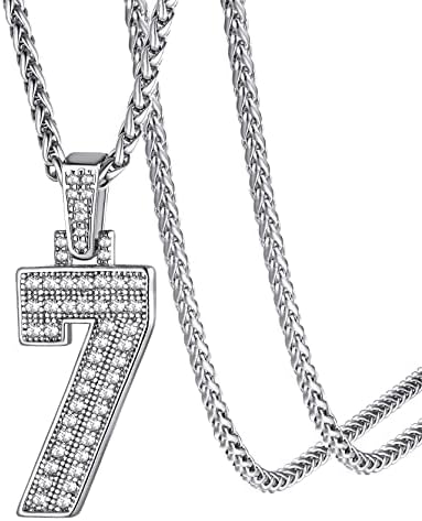 GOLDCHIC JEWELRY Bling Number Chains for Athletes, No.7 Numbers Necklace, Platinum Plated Crystal Digital Pendant For Men