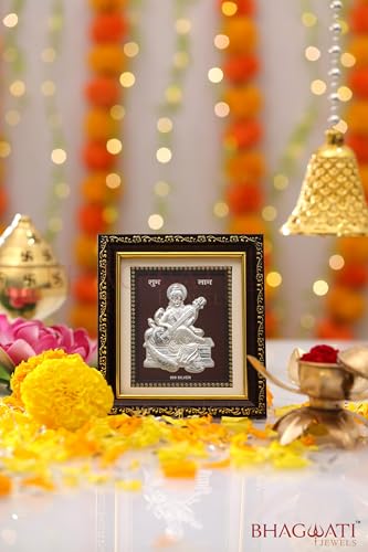 Image of 999 Pure Silver Sarswatimaa Frame for Home & Office | Premium Silver | Pooja Room & Wall Decor | Housewarming, Wedding & Festival Gifts | Certificate Included | Tabletop Size 5.5x5 inch