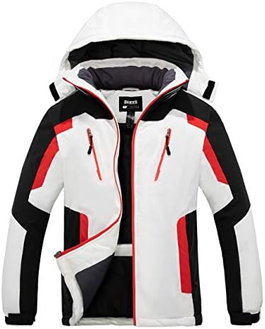 Skieer Men's Waterproof Ski Rain Jacket Wind Resistant Short Parka White&Red&Black L