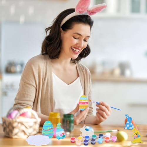 24pcs Easter Paintable Easter Eggs Decorating Kit,DIY Wooden Easter Crafts Set Paint Your Own Easter Egg Bunny Gnome Easter Basket Stuffers Party Favors Activities Gifts Spring Home Decorations - Thumbnail 6