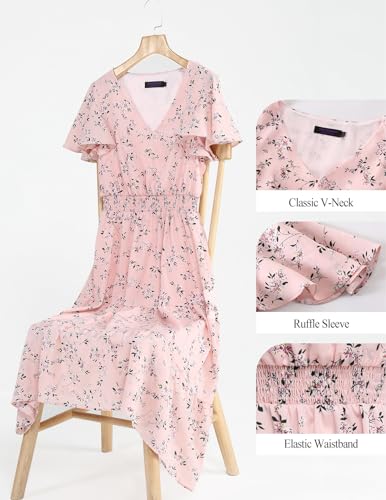 Image of Bridesmay Women's Summer Floral Midi Dress V Neck Short Sleeve A-Line Casual Beach Vacation Dresses Flowy