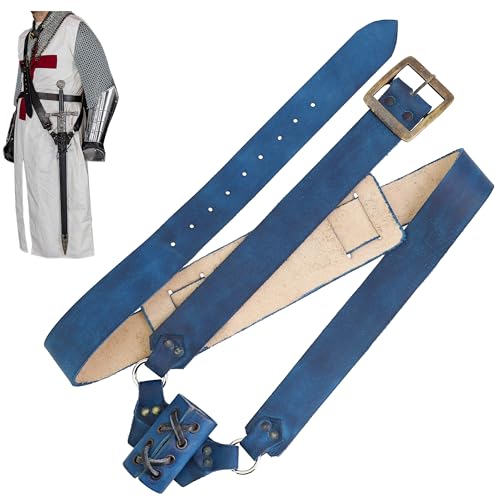 Armory Replicas™ Genuine Leather Baldric Belt – Adjustable Shoulder Strap for Long Swords & Claymores with Brass Rivets and Buckles - Blue