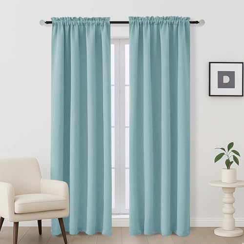 Image of Aqua Blackout Curtains for Bedroom 84 Inch Length 2 Panels Set, Thermal Insulated Curtains for Living Room Nursery, Rod Pocket Window Drapes for Patio French Door Front Door, 2x40Wx84L