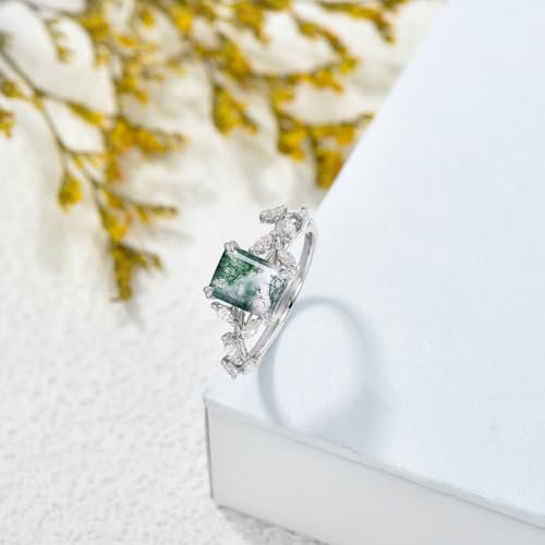 10K 14K 18K Rose Gold 2CT Natural Moss Agate Engagement Ring for Women 925 Sterling Silver Genuine Green Moss Agate Leaf Vine Art Deco Bridal Wedding Promise Anniversary Ring Size 4-152