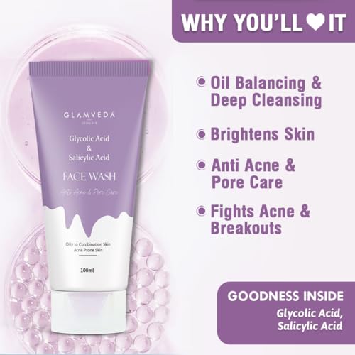 Image of Glamveda 1% ww Glycolic Acid & 1% ww Salicylic Acid Anti-Acne Kit | Reduces Dark Spot & Body Acne | Face Wash + Peel Off Mask + Facial Kit | Skincare Routine for Women & Men
