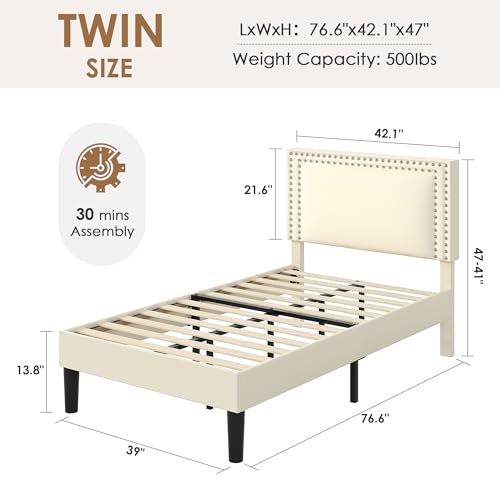Image of VECELO Twin Size Platform Bed Frame with Height Adjustable Upholstered Headboard, Modern Mattress Foundation,Strong Wood Slat Support, No Box Spring Needed, Easy Assembly, Beige