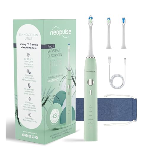 NEOSONIC® - Brosse à Dents Électrique Sonique Autonomie 3 Mois - 15 Modes - Rechargeable USB-C - Minuterie 2 Min - 2 Têtes Incluses - Garantie 2 Ans - Brosse Sonique Verte par NEOPULSE
