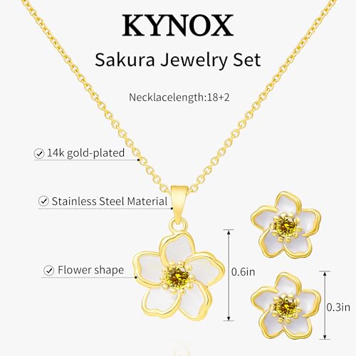 KYNOX Flower Necklace Earrings Set for Women 14K Gold Plated Hypoallergenic Sets Pair with different birthstones for Wedding Party Bridal Bridesmaid Accessories (Gold, 18in, Yellow) — view 3