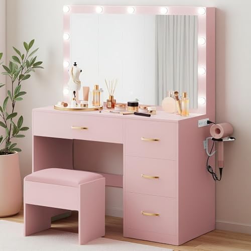 YITAHOME Vanity Set with Mirror and Lights, Makeup Vanity Set with 11 LED Lights, Dressing Table with 4 Drawers and Stool, Ample Storage, Power Strip, for Dressing Area, Light Pink Soft Pink