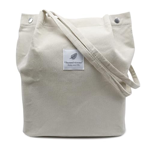 Aphoraeny Corduroy Tote Bag for Women Cute Totes Shoulder Bag with Inner Pocket for Work Beach Shopping Travel Grocery (Beige)