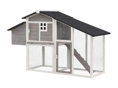 Vente-unique - Poulailler en Bois avec enclos - 4 Poules - L. 173 x P. 64 x H. 108 cm - Blanc et Gris - LEVAS