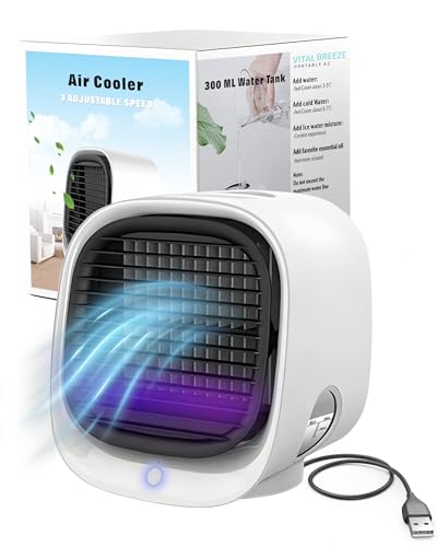 Vital Breeze Portable AC Evaporative Air Cooler Vital Breeze Portable Air Conditioner portable 300 mL Water Tank, < 40 dB Quiet, 3 Fan Speeds, Washable Filter, Color-Cycle Night-Light Bedroom Mini AC