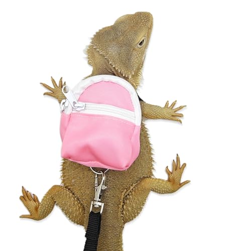 Image of Bearded Dragons Harness Leashes Set Cute Backpack Back to School Design for Small Pets Reptile Lizard Crested Gecko Chameleon Rat Hamster Squrriel Ferret Photo Shoot (Pink)