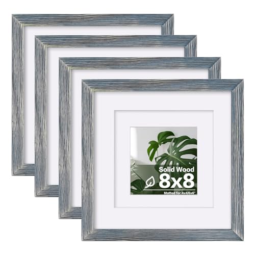Egofine 8x8 Picture Frame Made of Solid Wood with Plexiglass, Display Pictures 4x4/6x6 with Mat or 8x8 Without Mat Set of 4 for Tabletop and Wall Mounting, Rustic Blue