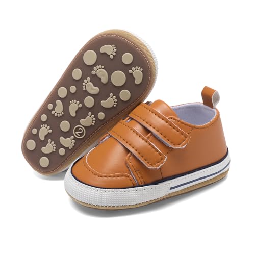 Clowora Baby Boys Girls Shoes Non-Slip Rubber Sole Sneakers Infant First Walking Toddler Crib Shoes Newborn Loafers Flats. (C062/Brown,6-12 Months)