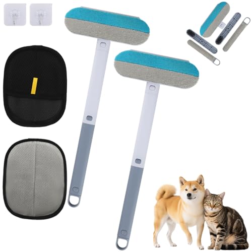 Zosenyer Spazzola Togli Peli Animali 2 in 1 Rimuovi Pelo per Animali 2 Guanti Spazzola Doppia Faccia con Manico Telescopico Mini Spazzola Ganci & Pulizia per Divano Tappeto Vestiti Finestre