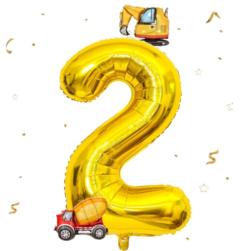 DazzJoy Bagger Luftballon 2. Geburtstag,40 Zoll Gold Zahlenballon 2 mit Bagger Folienballon,Baggere Geburtstag Deko 2 Jahre Junge, Baggere Deko Zahlen 2 Ballon, Baustellen Party Kindergeburtstag Deko