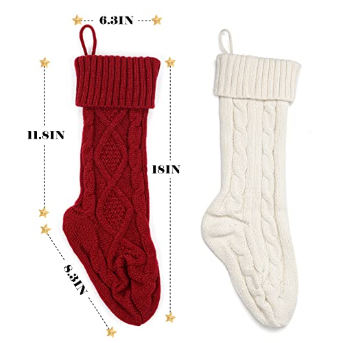 HOMEBROS Christmas Stockings, 4 Packs Large Christmas Stockings 18 Inches Classic Cable Knitted Christmas Stockings Ivory White and Burgundy for Family Xmas Holiday Party Decoration