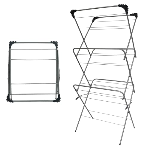 SIC 3 Tier Clothes Airer, Indoor and Outdoor Clothes Drying Rack with 15 m Drying Space | Non-Slip Feet and Corner Spaces for Hangers | Flat foldable for Space Saving