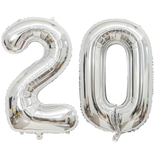 Large Silver 20 Number Balloons, 40 Inch Jumbo Number 20 Balloon, Silver Foil Mylar Balloons for Girl Sweet 20th Birthday Party, Anniversary Decorations by KALOR - Used condition - US$5.09