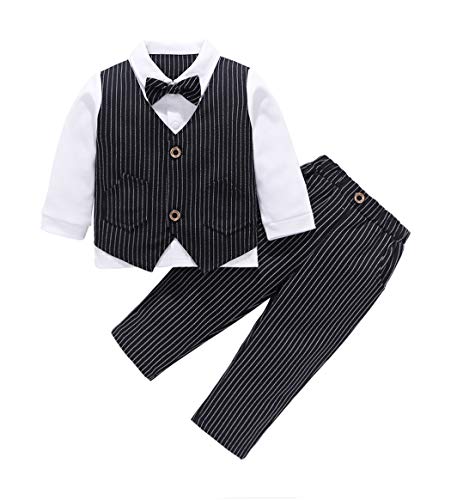 MetCuento Baby Boy Formal Outfit Long Sleeve Shirt Bow Tie Tuxedo Gentleman Clothes Toddler Formal Dress Suit 2Pcs Pants Sets Black 12-18 Months