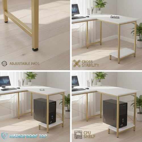 Image of RIZIK Store L-Shaped Computer Desk | 50-Inch Corner Gaming & Study Table with Engineered Wood Top, Metal Frame & CPU Shelf | Writing Workstation for Bedroom, Office & Small Rooms (White Gold)