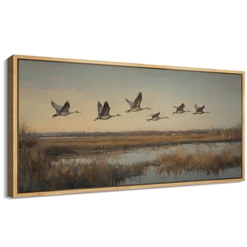 SIGNFORD Extra Large Framed Canvas Print Wall Art Flying Cranes Over Wetlands Vintage Nature Bird Scene Illustrations Modern Art Relax/Calm Warm for Living Room, Bedroom, Office - 60"x30"