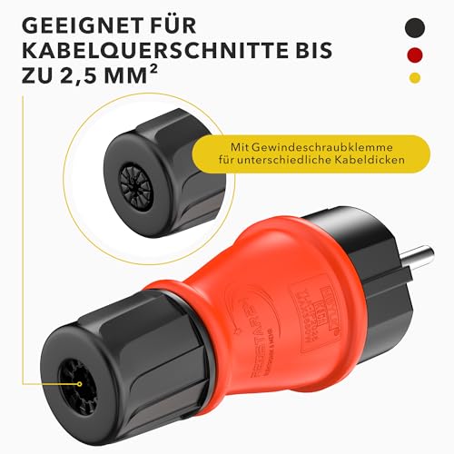 RedStar24 Schuko Stecker 230V IP54 - Robuster Schutzkontaktstecker aus Gummi & Kunststoff, Schwarz Rot | Hermetisch Versiegeltes Design | Perfekt für den Außenbereich | 3-Poliger Stromstecker