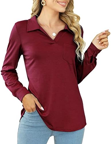 AhTwiy Womens Polo Shirts V Neck Collared Tops Casual Long Sleeve Tunic Blouses with Pocket Wine Red Large