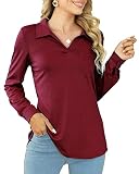 AhTwiy Womens Polo Shirts V Neck Collared Tops Casual Long Sleeve Tunic Blouses with Pocket Wine Red