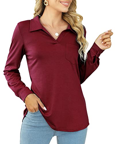 Ahtwiy Womens Polo Shirts V Neck Collared Tops Casual Long Sleeve Tunic Blouses With Pocket Wine Red Large #TOP2