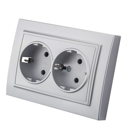 Enchufe de pared empotrado,Juego de enchufes eléctricos de pared,Enchufe eléctrico de pared interior 250V AC 16A,Enchufe de tierra doble color plata EP-06