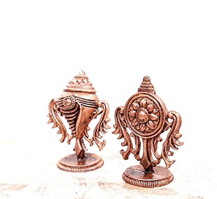 Image of Copper Idols of god Srinivasa Perumal with Sanghu Chakram, 5.1 inches, 420 Grams, Patina Antique Finish, Pack of 3 Piece