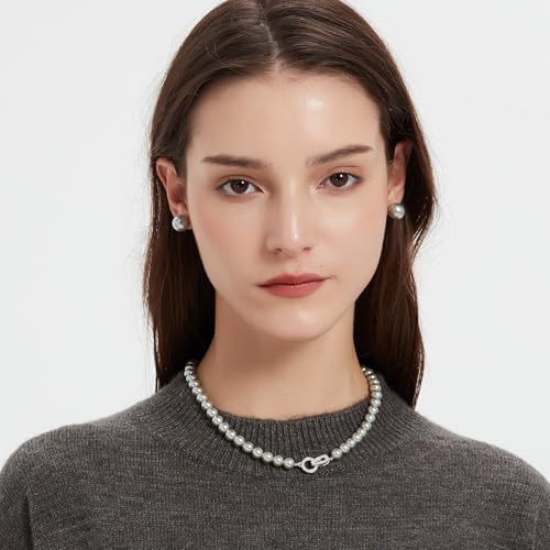 Pearl Necklace 18 inch and Pearl Earrings Studs, Lustrous Gorgeous Imitated Silver/White Pearls Jewelry Set For Women2