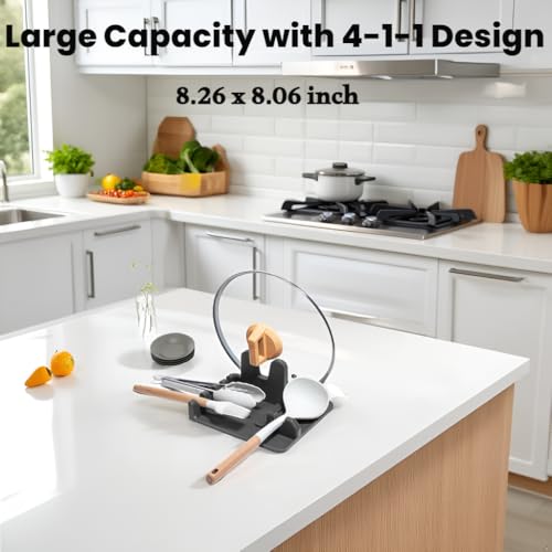 Image of Auoon Silicone Spoon Rest with Lid Holder - 3 in 1 Kitchen Utensil Rest for Soup Ladles, Pot Lids, Spatulas, Spoons, Tongs, BPA Free & Dishwasher Safe, 8.26 x 8.06 Inch (Gray, Large)