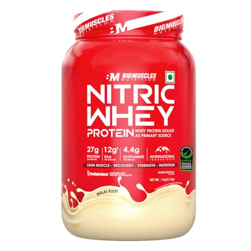 Image of Bigmuscles Nutrition Nitric Whey protein | 27g Isolate Whey Protein | Informed Choice UK Certified | ProHydrolase Enzyme Tech. for Faster Absorption & Lean Muscle Growth | Malai Kulfi | 1Kg
