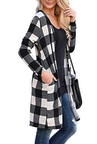 Lacozy Women's Open Front Long Sleeve Knit Cardigan Draped Snap Buffalo Plaid Shirt Kimono Cardigan Sweater Black White Large 12/14